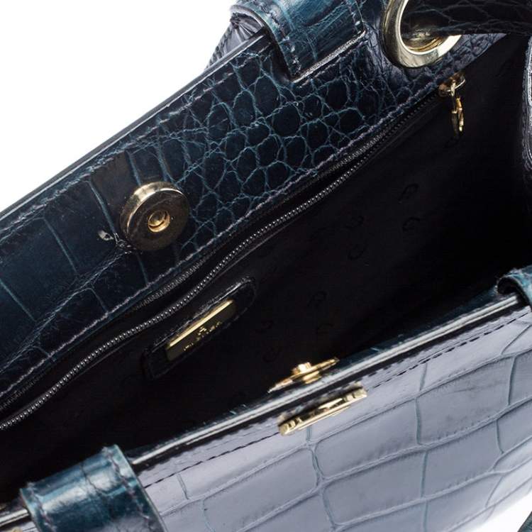 Pre Owned Aigner Blue Crocodile Embossed Leather Cavallina Top Handle