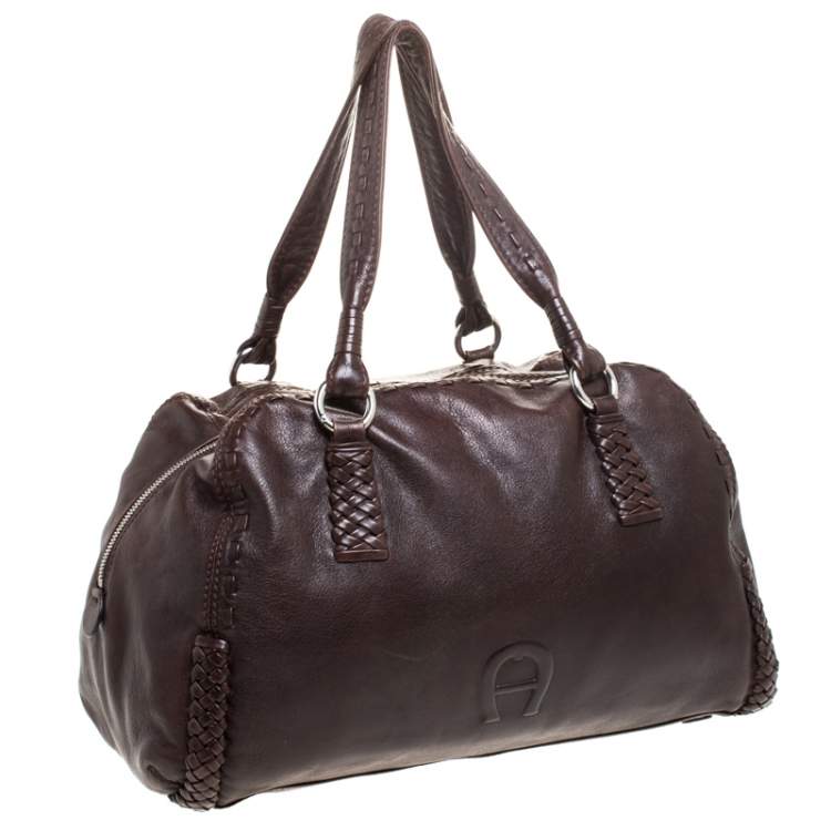 Pre Owned Aigner Brown Woven Leather Satchel 