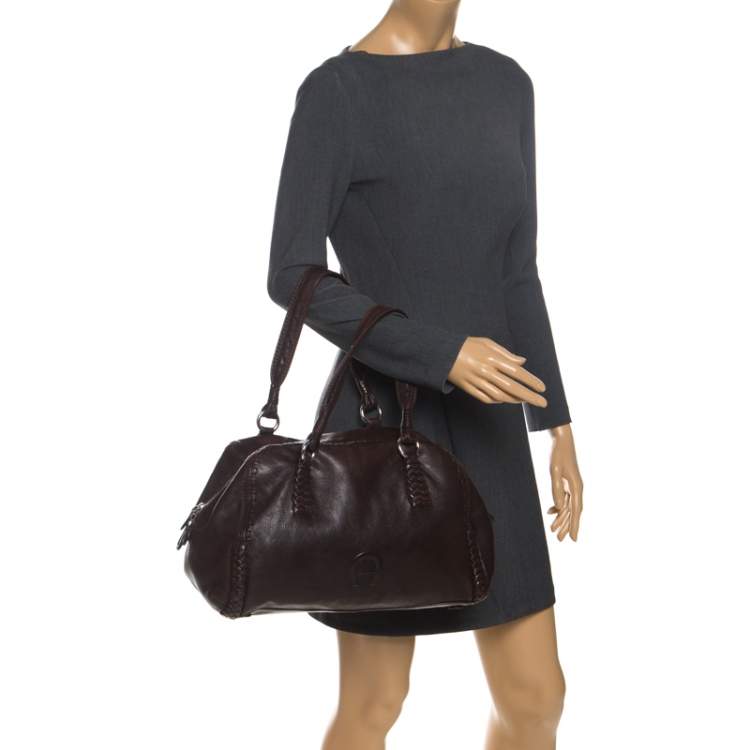 Pre Owned Aigner Brown Woven Leather Satchel 