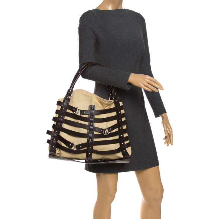 Pre Owned Aigner Brown/Beige Canvas and Leather Cage Tote