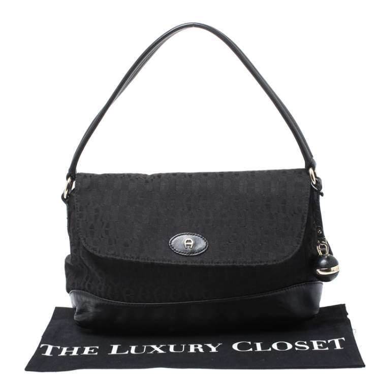 Pre Owned Aigner Black Canvas and Leather  Flap Satchel