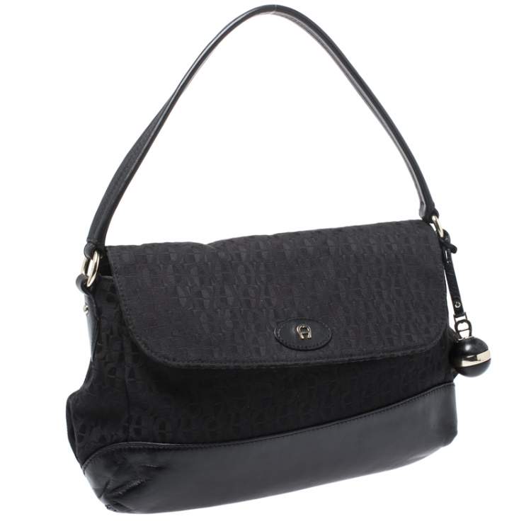 Pre Owned Aigner Black Canvas and Leather  Flap Satchel