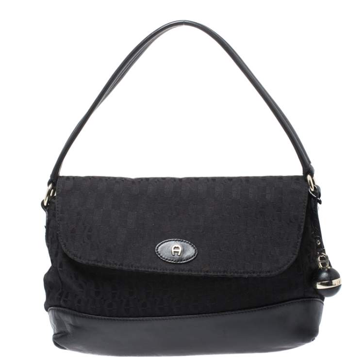 Pre Owned Aigner Black Canvas and Leather  Flap Satchel