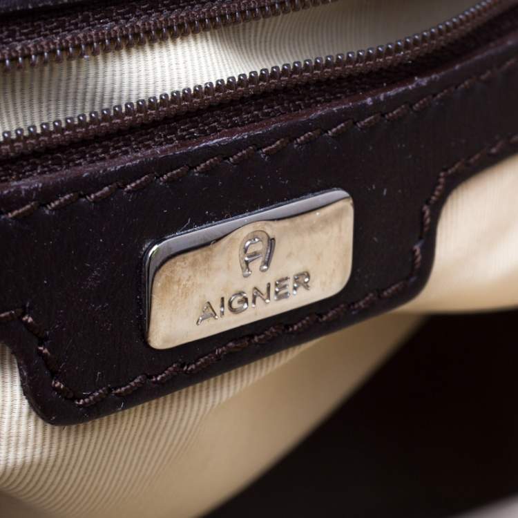 Pre Owned Aigner Brown/Beige Signature Canvas and Leather Satchel