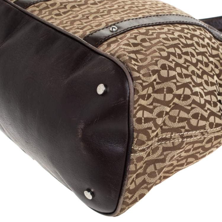 Pre Owned Aigner Brown/Beige Signature Canvas and Leather Satchel