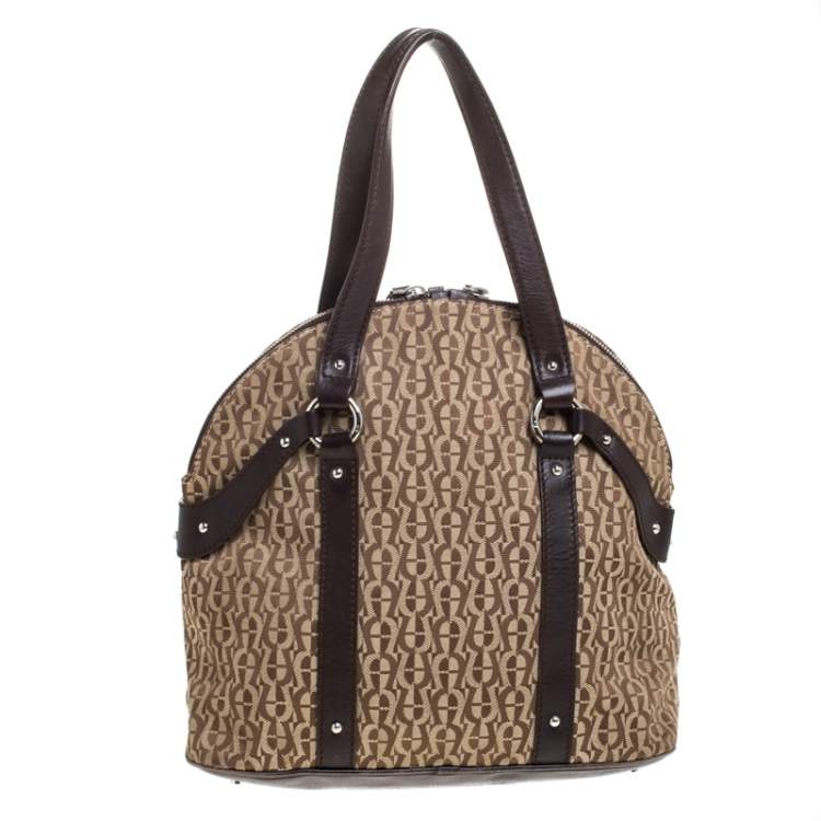 Pre Owned Aigner Brown/Beige Signature Canvas and Leather Satchel