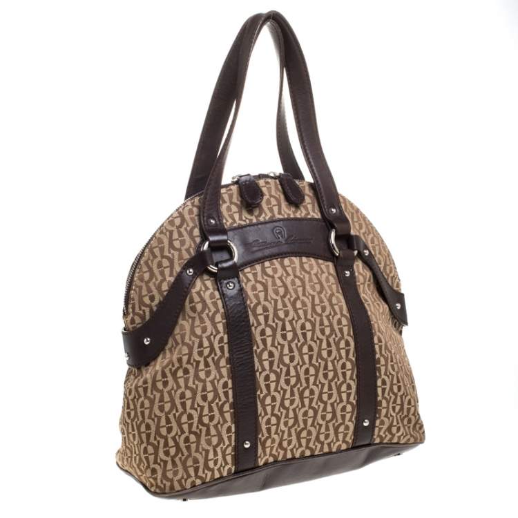 Pre Owned Aigner Brown/Beige Signature Canvas and Leather Satchel