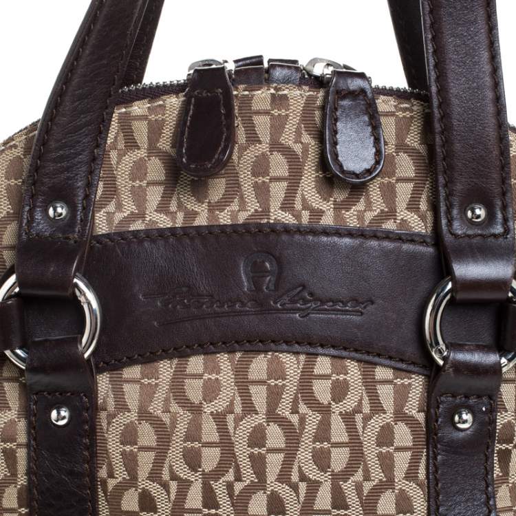 Pre Owned Aigner Brown/Beige Signature Canvas and Leather Satchel