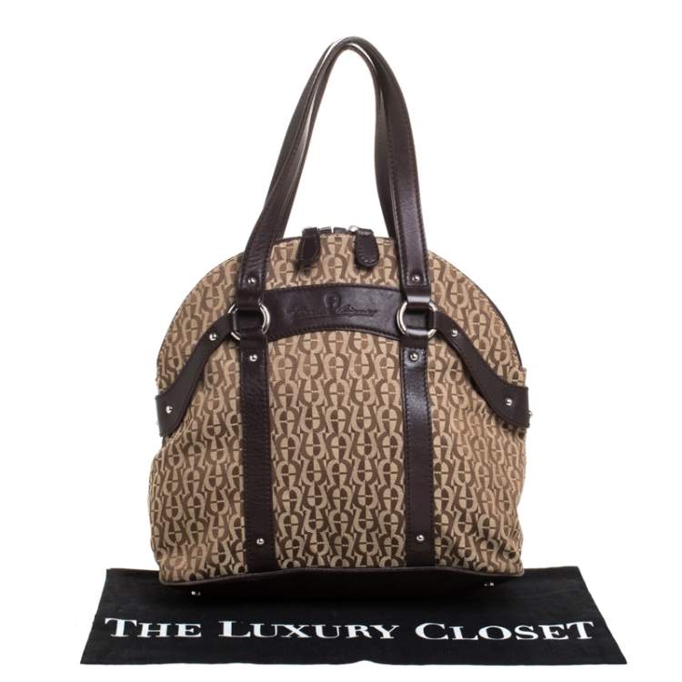 Pre Owned Aigner Brown/Beige Signature Canvas and Leather Satchel