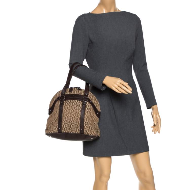 Pre Owned Aigner Brown/Beige Signature Canvas and Leather Satchel