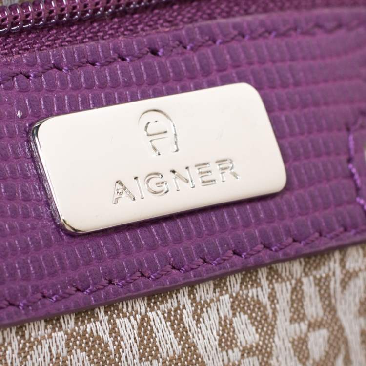 Pre Owned Aigner Purple Monogram Canvas and Lizard Embossed Leather Hobo