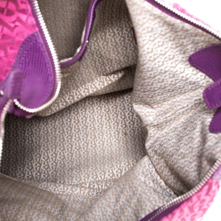 Pre Owned Aigner Purple Monogram Canvas and Lizard Embossed Leather Hobo