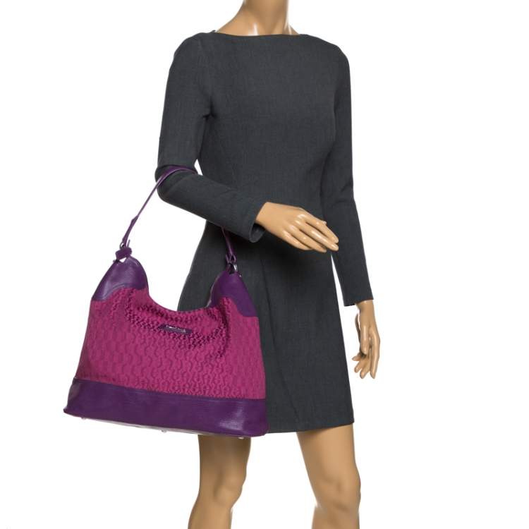 Pre Owned Aigner Purple Monogram Canvas and Lizard Embossed Leather Hobo