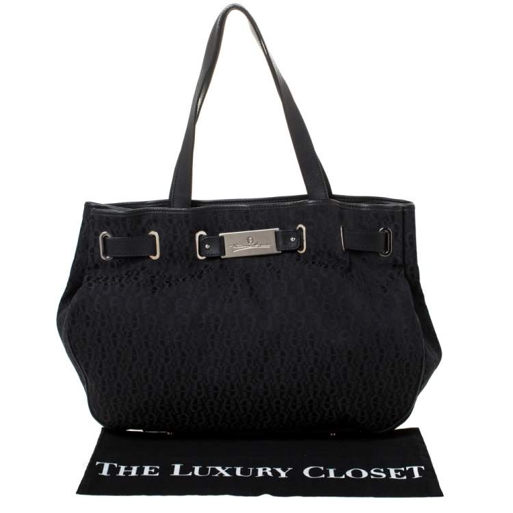 Pre Owned Aigner Black Signature Canvas and Leather Tote 
