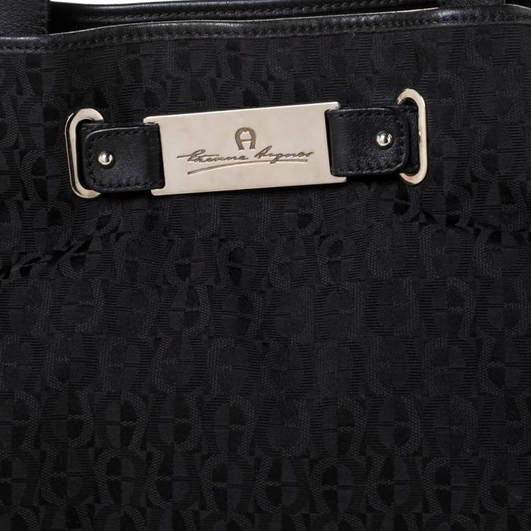 Pre Owned Aigner Black Signature Canvas and Leather Tote 