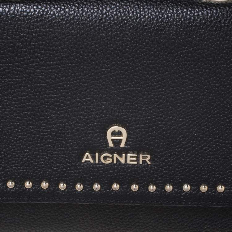 Pre Owned Aigner Black Studded Leather Flap Middle East Exclusive Top Handle Bag