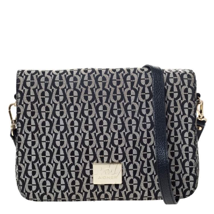 Pre Owned Aigner Grey/Black Signature Canvas and Leather Crossbody Bag