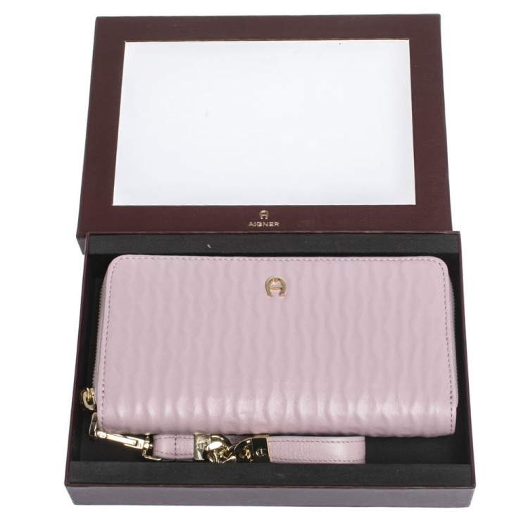 Pre Owned Aigner Light Pink Leather Zip Around Wallet