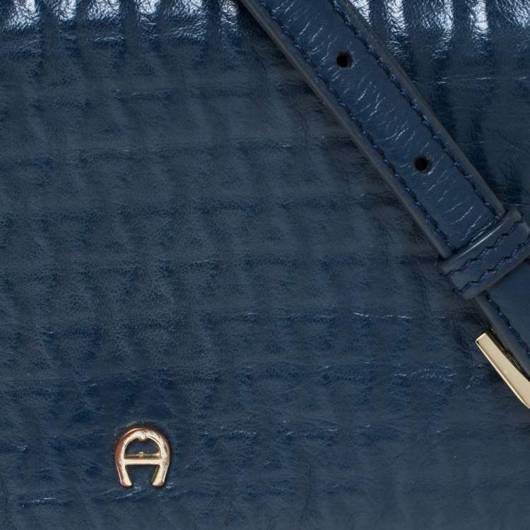 Pre Owned Aigner Navy Blue Leather Flap Crossbody Bag