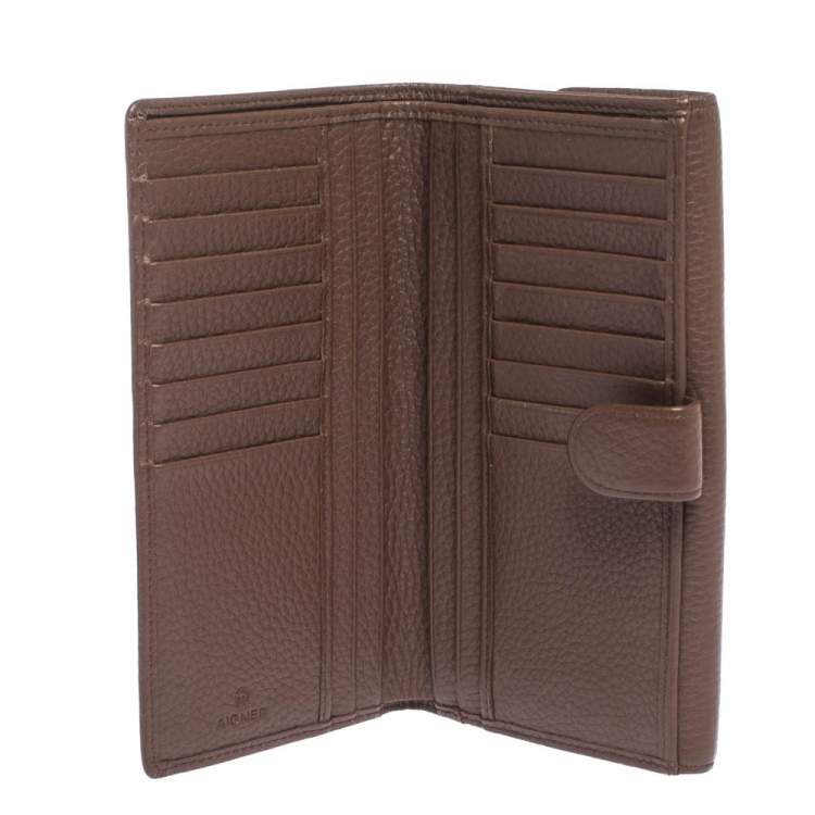 Pre Owned Aigner Brown Leather Logo Buckle Flap Continental Wallet
