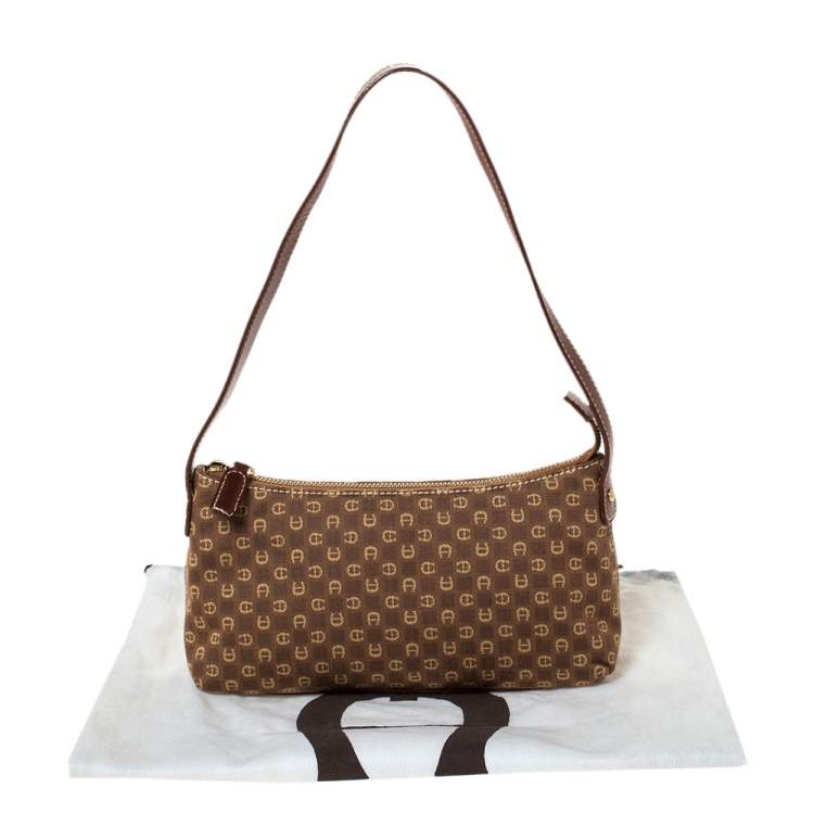 Pre Owned Aigner Brown Signature Canvas and Leather Baguette Bag