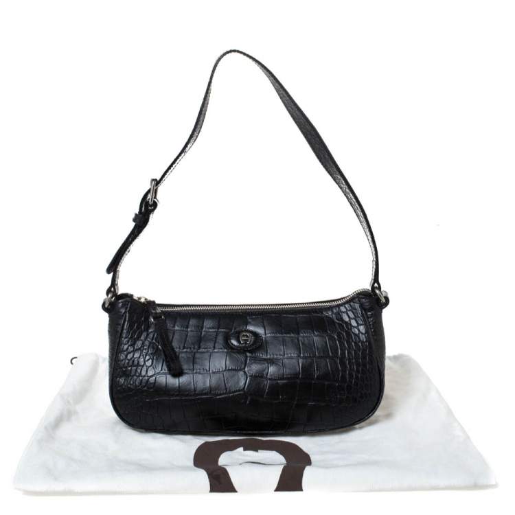 Pre Owned Aigner Black Crocodile Embossed Leather Shoulder Bag