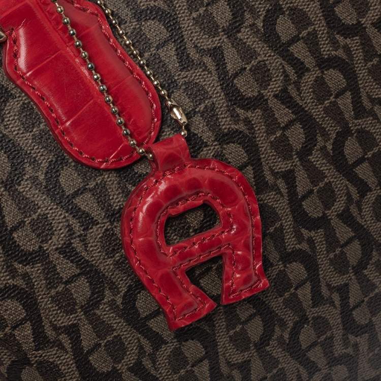 Pre Owned Aigner Brown/Red Signature Coated Canvas and Leather Satchel