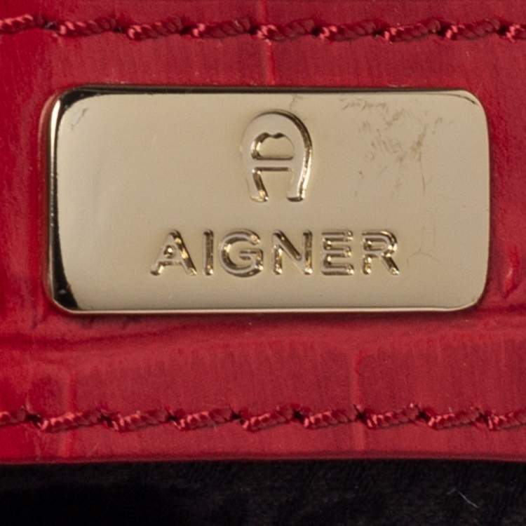 Pre Owned Aigner Brown/Red Signature Coated Canvas and Leather Satchel