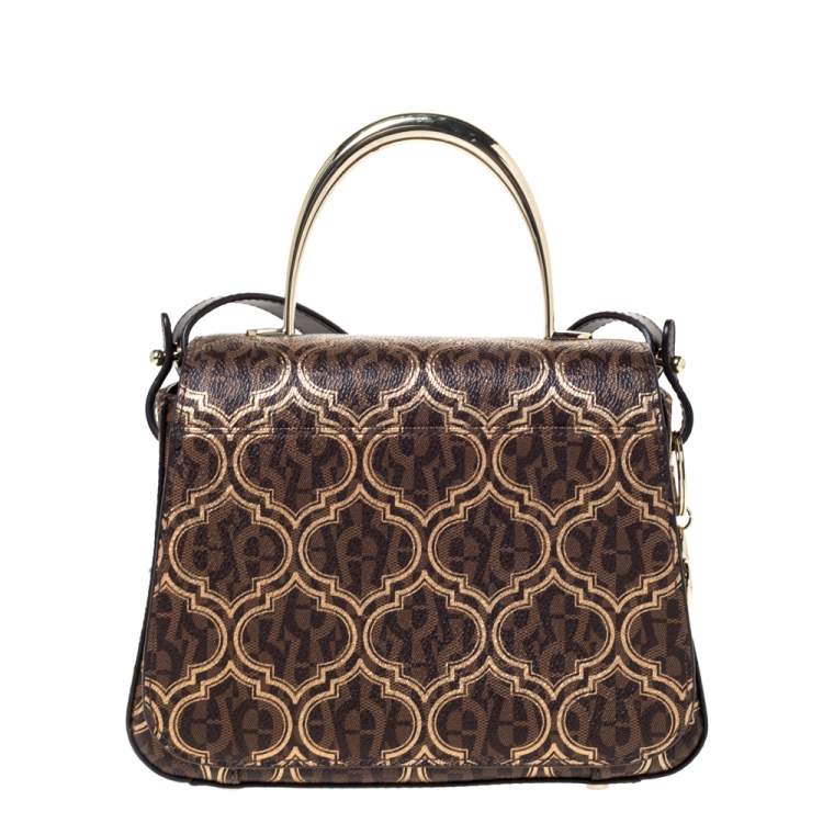 Pre Owned Aigner Brown/Gold Signature Coated Canvas and Leather Genoveva Top Handle Bag