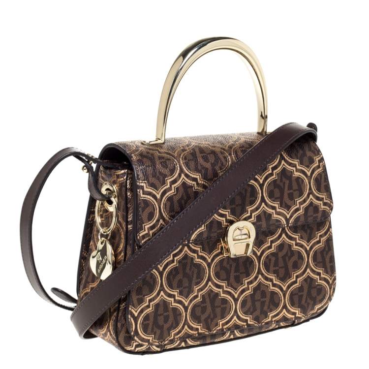 Pre Owned Aigner Brown/Gold Signature Coated Canvas and Leather Genoveva Top Handle Bag