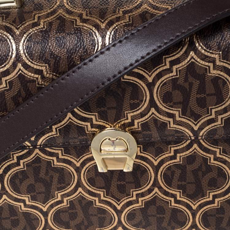 Pre Owned Aigner Brown/Gold Signature Coated Canvas and Leather Genoveva Top Handle Bag
