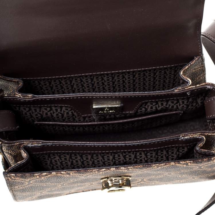 Pre Owned Aigner Brown/Gold Signature Coated Canvas and Leather Genoveva Top Handle Bag