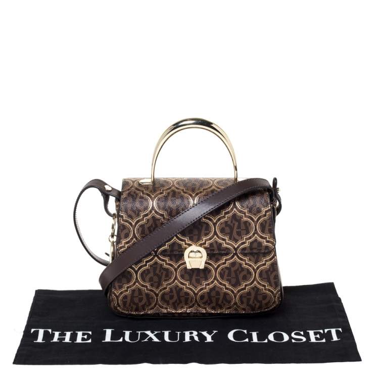 Pre Owned Aigner Brown/Gold Signature Coated Canvas and Leather Genoveva Top Handle Bag