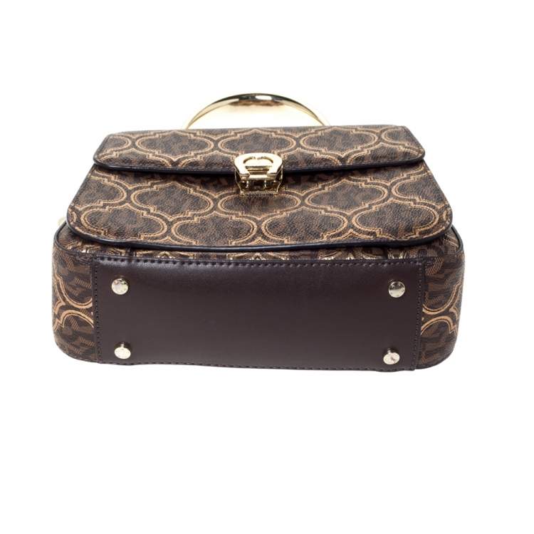 Pre Owned Aigner Brown/Gold Signature Coated Canvas and Leather Genoveva Top Handle Bag