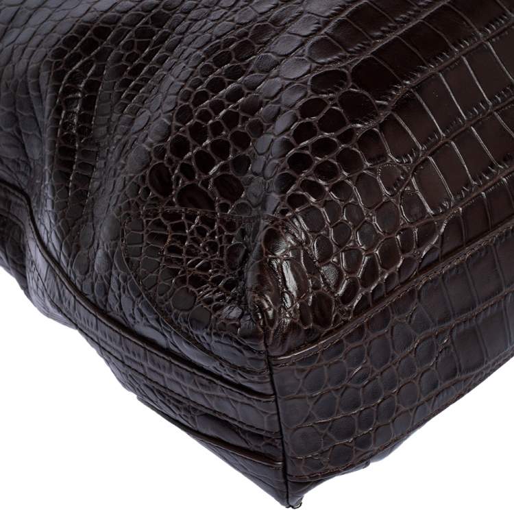 Pre Owned Aigner Dark Brown Croc Embossed Leather Hobo