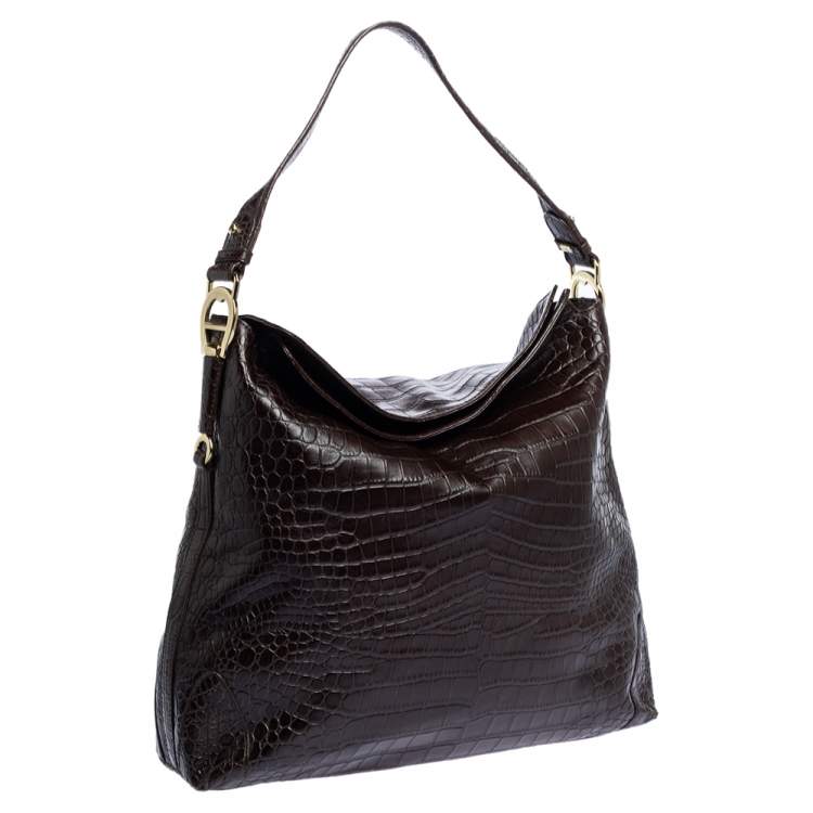 Pre Owned Aigner Dark Brown Croc Embossed Leather Hobo