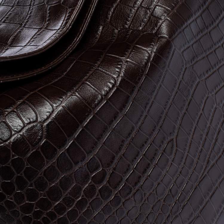 Pre Owned Aigner Dark Brown Croc Embossed Leather Hobo