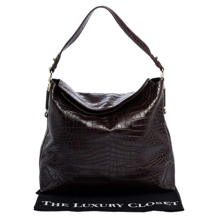 Pre Owned Aigner Dark Brown Croc Embossed Leather Hobo