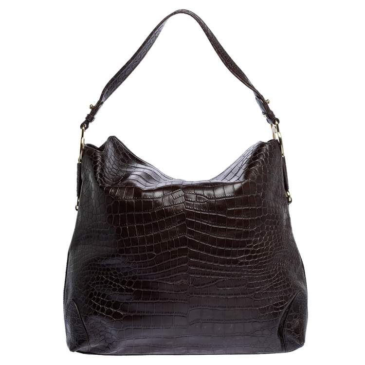 Pre Owned Aigner Dark Brown Croc Embossed Leather Hobo