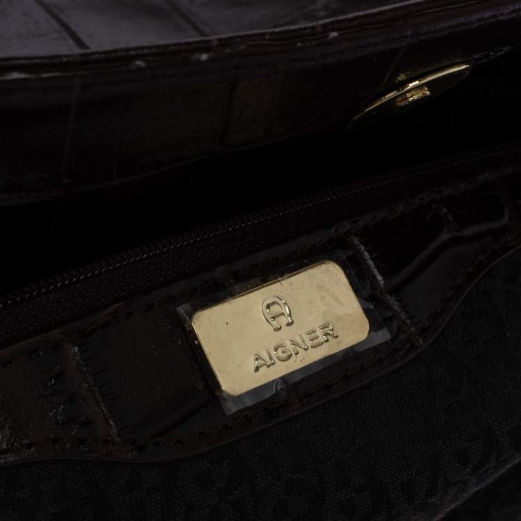 Pre Owned Aigner Dark Brown Croc Embossed Leather Hobo