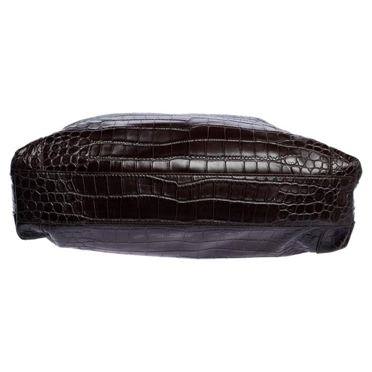 Pre Owned Aigner Dark Brown Croc Embossed Leather Hobo