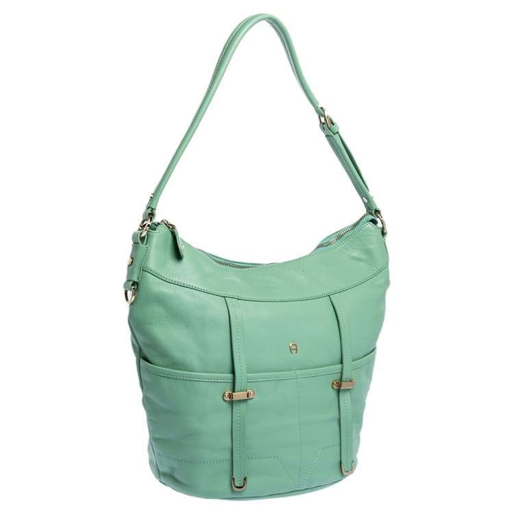 Pre Owned Aigner Green Leather Front Pocket Hobo