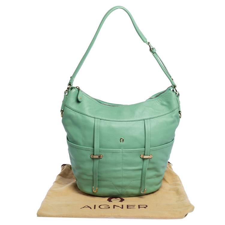 Pre Owned Aigner Green Leather Front Pocket Hobo
