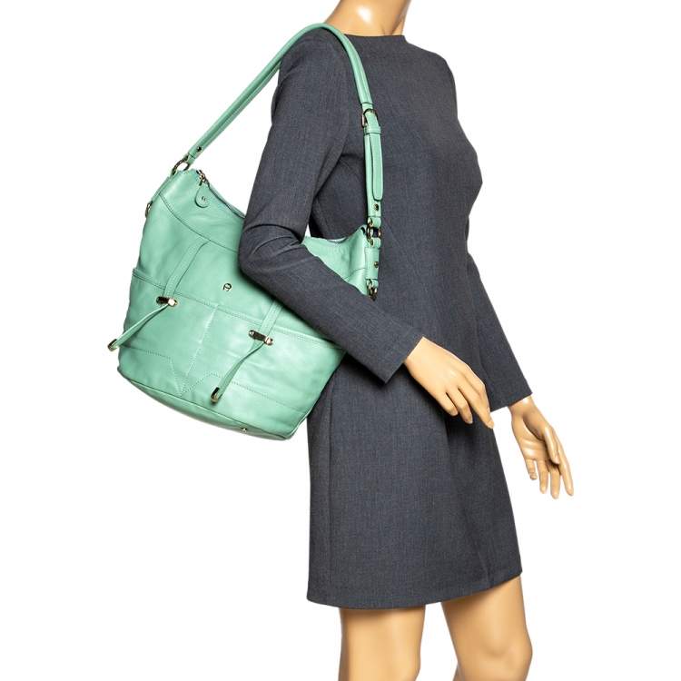 Pre Owned Aigner Green Leather Front Pocket Hobo