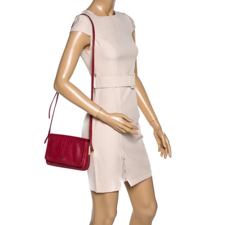Pre Owned Aigner Red Croc Embossed Leather Crossbody Bag