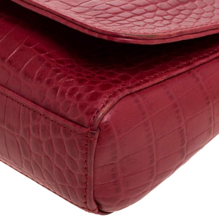 Pre Owned Aigner Red Croc Embossed Leather Crossbody Bag