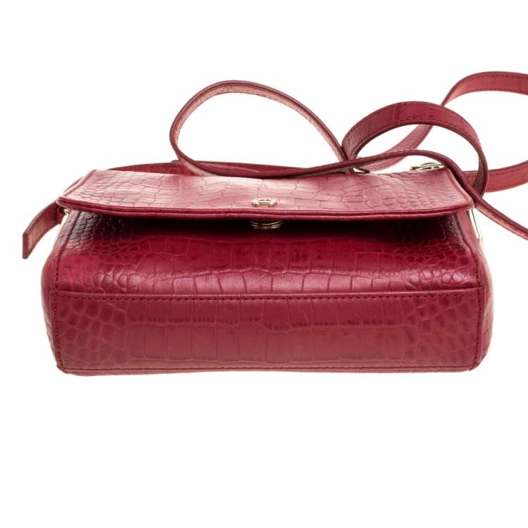 Pre Owned Aigner Red Croc Embossed Leather Crossbody Bag
