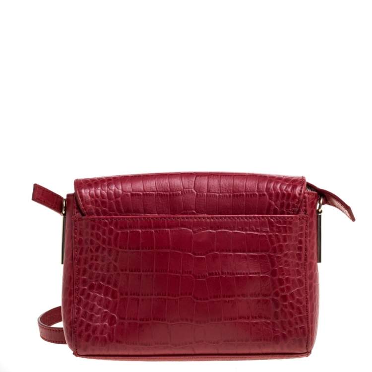 Pre Owned Aigner Red Croc Embossed Leather Crossbody Bag