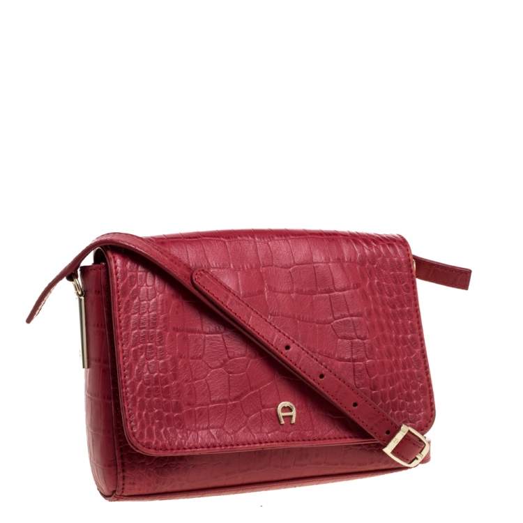 Pre Owned Aigner Red Croc Embossed Leather Crossbody Bag