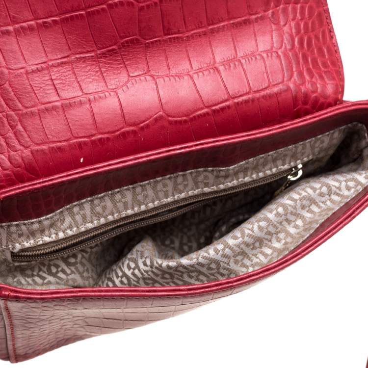 Pre Owned Aigner Red Croc Embossed Leather Crossbody Bag